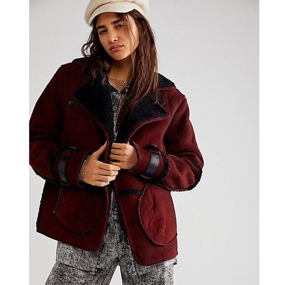 New Free People Cassidy Cozy Jacket SUEDE SHERPA $698 XS Burgundy & Black - Picture 1 of 6